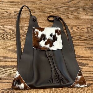 Brown and White Leather Backpack, cow print, tassels